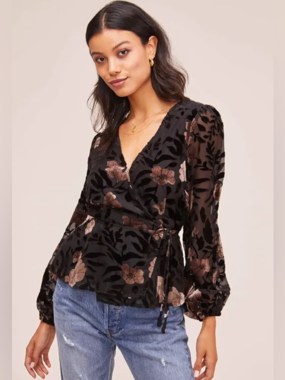 Astr Lourdes Black  Peplum Top with  Velvet Bronze Floral Accents